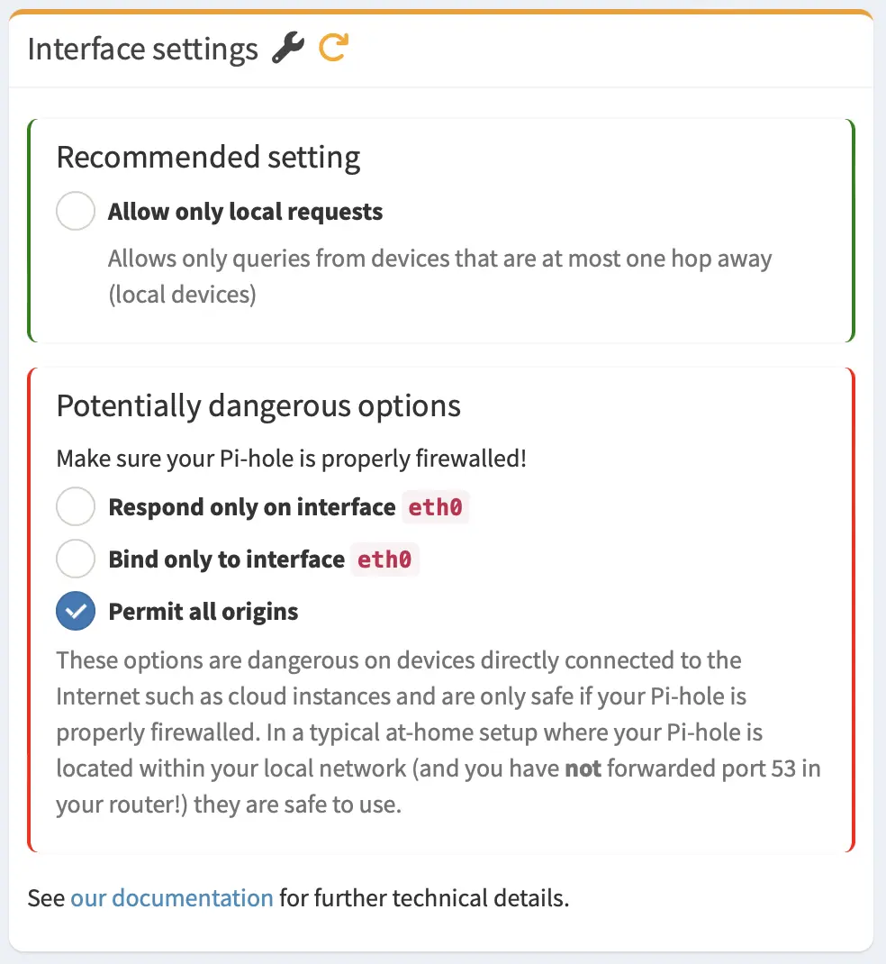 displays the pihole interface settings (wifi or eth) to demonstrate the 'permit all origins' setting must be ticked