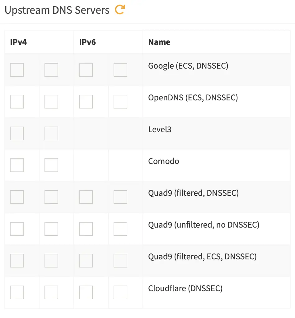 displays the list of piholes default dns servers and demonstrates how none of them are ticked
